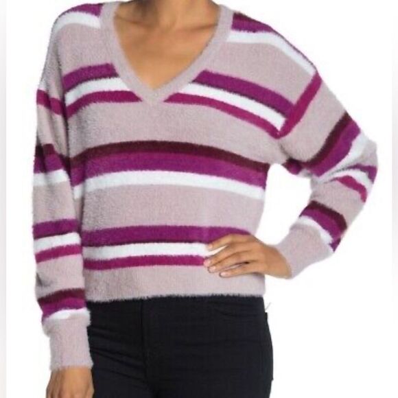 Splendid eyelash fuzzy super stretch cozy V neck fuschia/mauve stripe sweater. - Picture 1 of 7